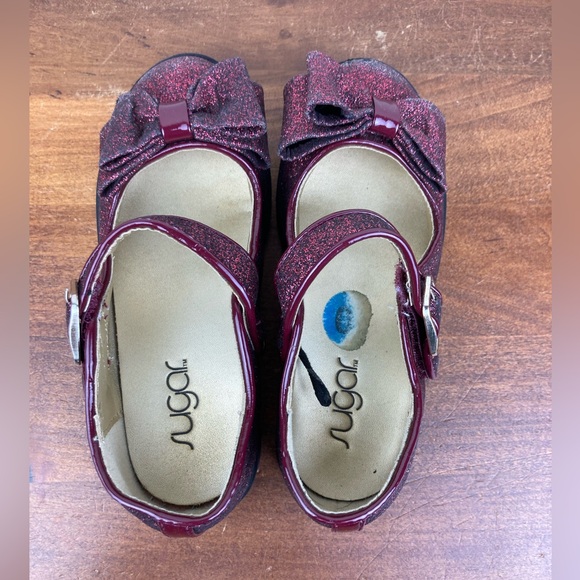 Sugar Brand Kenna Burgundy Sparkle Bow Mary Jane Flats Hook Loop Girls Size 10M. - Picture 11 of 12